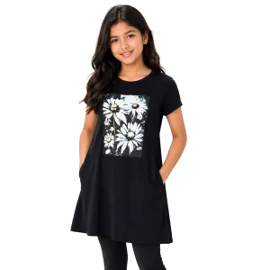 Essentials Daisy Bloom Long Tee – Black